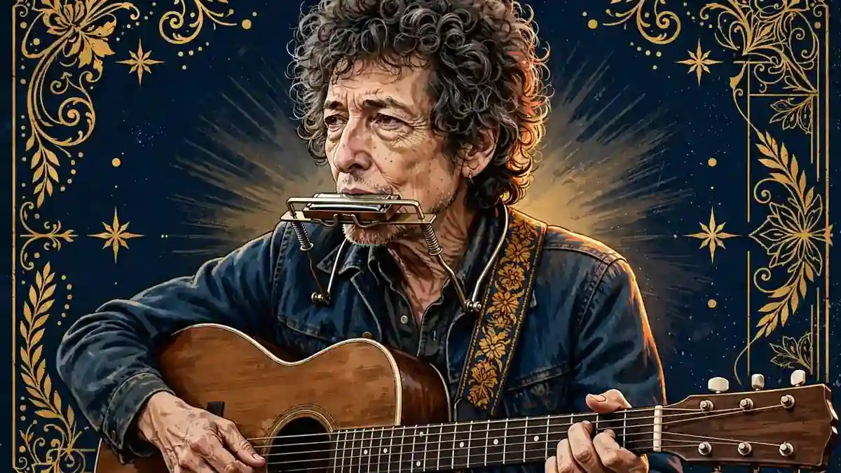 Illustrated portrait of Bob Dylan playing harmonica and guitar in navy and gold