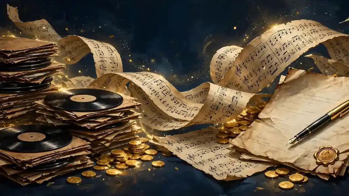 Illustration of vinyl records, sheet music and gold coins representing Bob Dylan's catalog deals