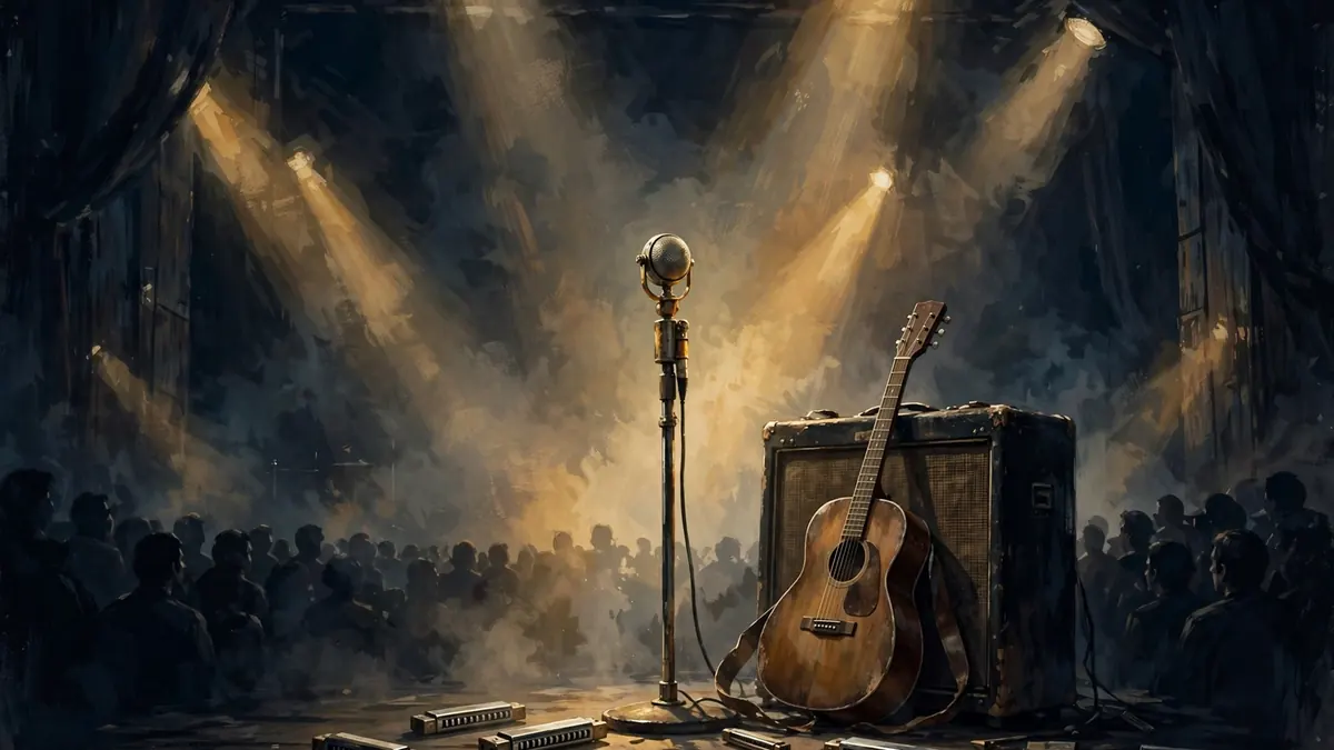 Illustration of a concert stage with vintage microphone, guitar and harmonicas under gold spotlights