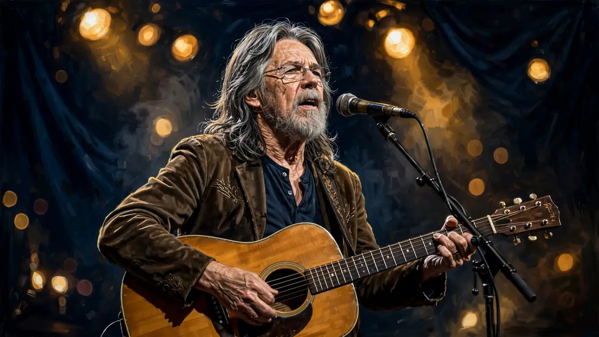 Illustrated portrait of Bob Seger singing on stage with guitar, in navy and gold editorial tones