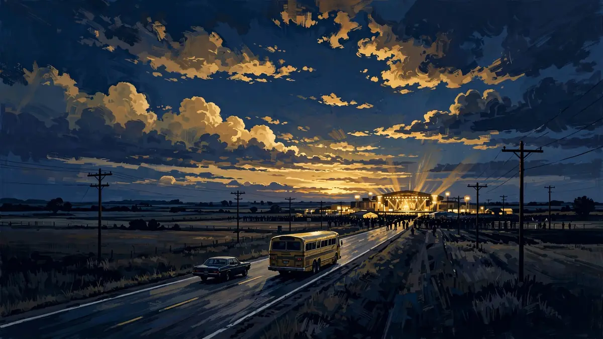 Editorial illustration of a heartland highway at dusk leading to glowing concert arena lights