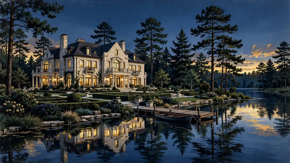 Editorial illustration of a Michigan lakefront mansion at sunset with a private dock