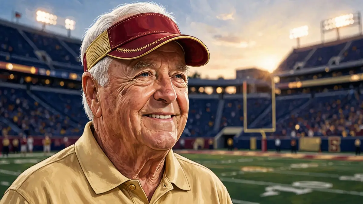 Stylized illustration of Bobby Bowden in a Florida State visor on the football sideline at golden hour