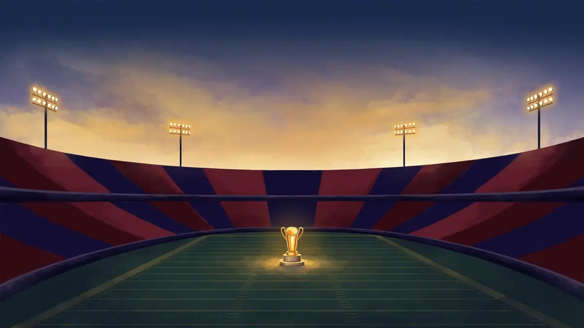 Illustration of a national championship trophy glowing on the midfield of an empty stadium at dusk
