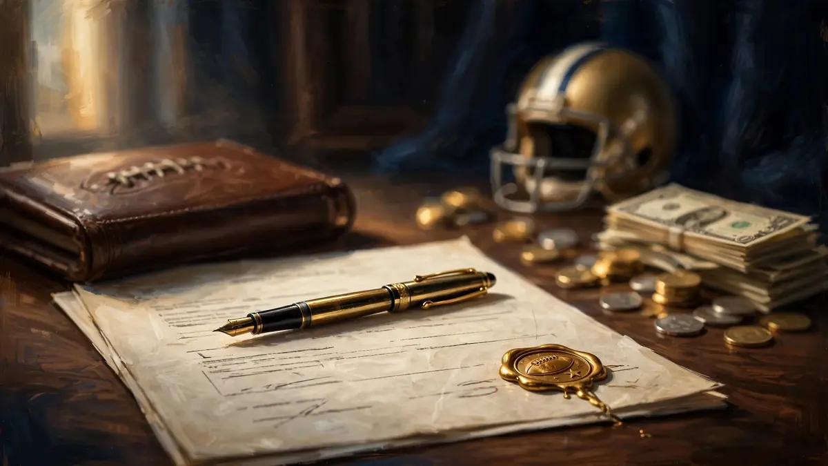 Illustration of a fountain pen resting on a signed sports contract beside a football helmet