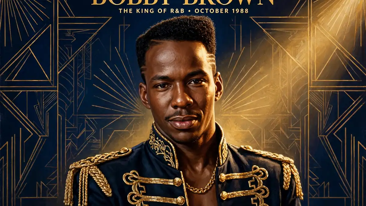 Stylized illustrated portrait of Bobby Brown in navy and gold editorial style