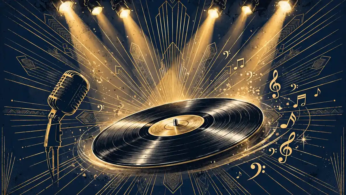 Illustrated tribute to Bobby Brown's Don't Be Cruel era with a spinning vinyl record under golden 1989 concert lights