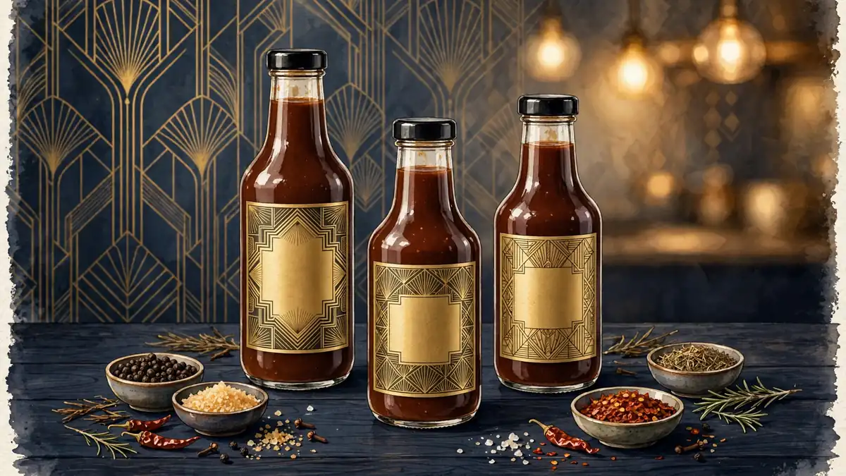 Illustrated barbecue sauce bottles with gold labels inspired by Bobby Brown Foods