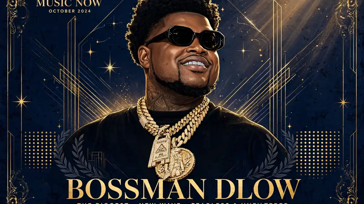 Stylized illustrated portrait of rapper BossMan Dlow in navy and gold