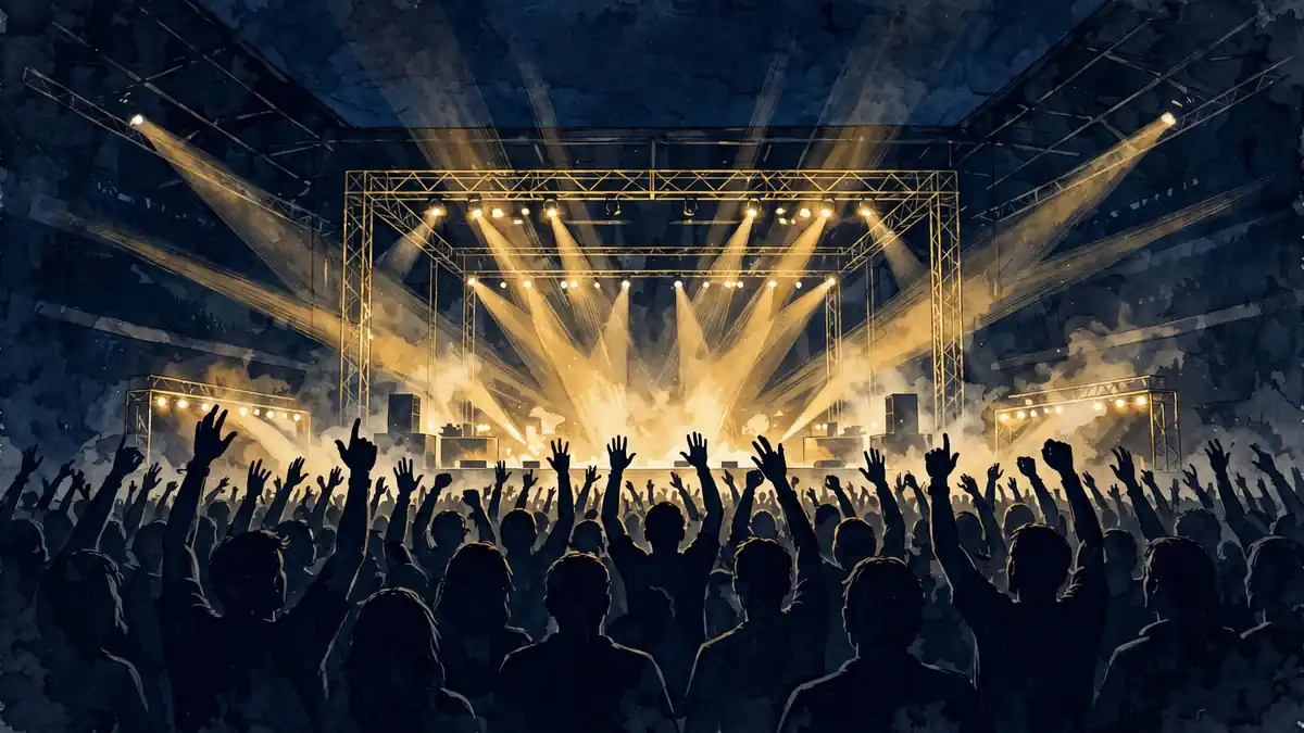 Illustrated sold-out concert arena with gold stage lights in navy and gold