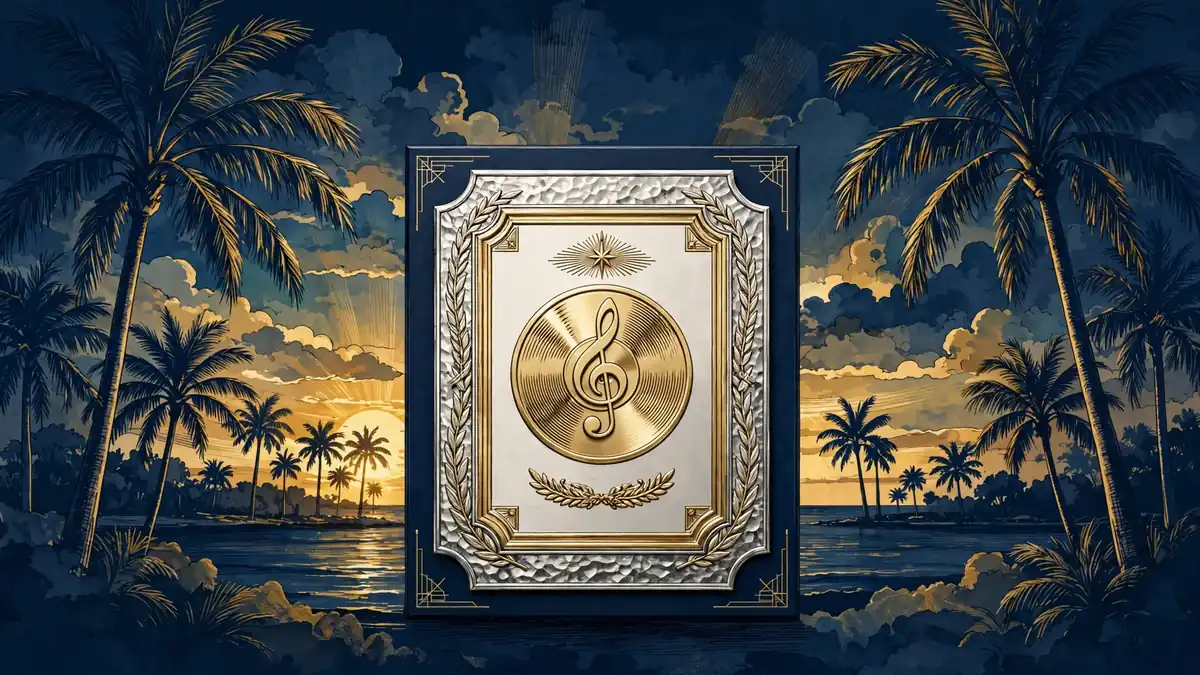 Illustrated gold and platinum music award plaque against a Florida sunset