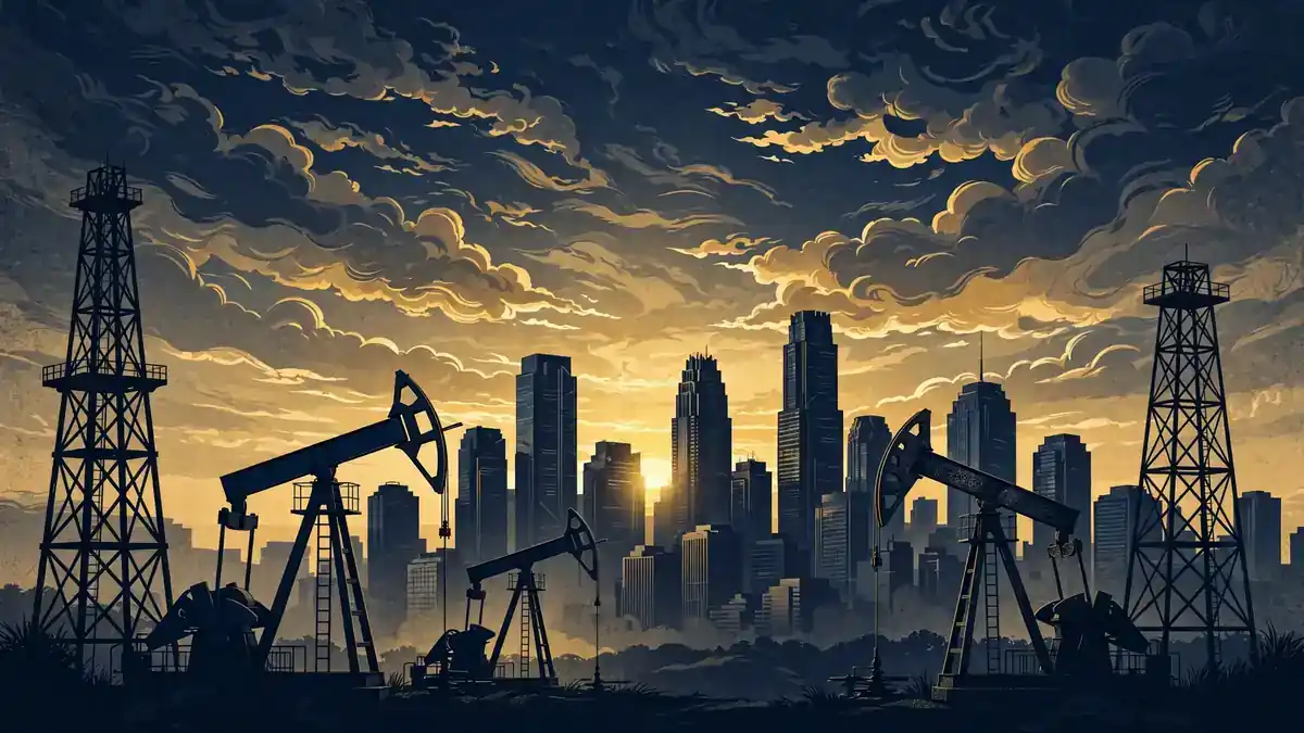 Illustration of oil pumpjacks and derricks against a city skyline at sunset in navy and gold