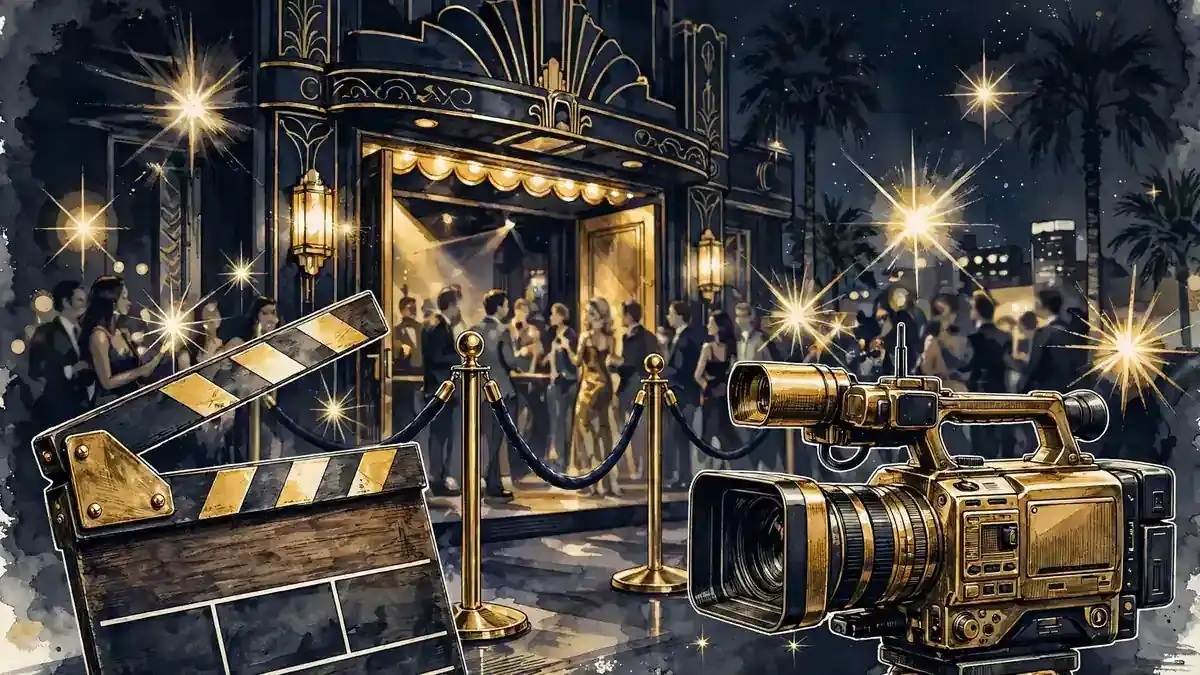 Illustration of a vintage film clapperboard and camera before a 2000s Hollywood nightclub in navy and gold
