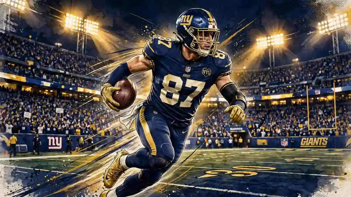 Stylized illustration of an NFL kick returner in a navy and gold uniform sprinting with the football on a kickoff return