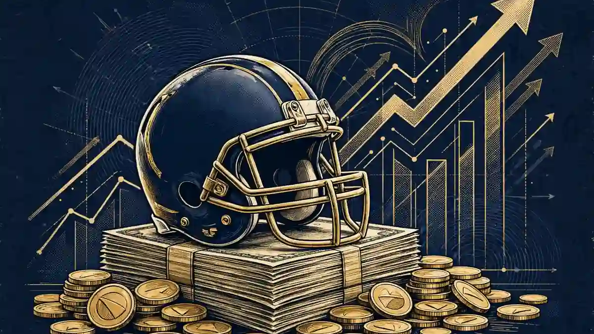 Stylized illustration of an NFL helmet resting on a stack of dollar bills with a rising chart behind it