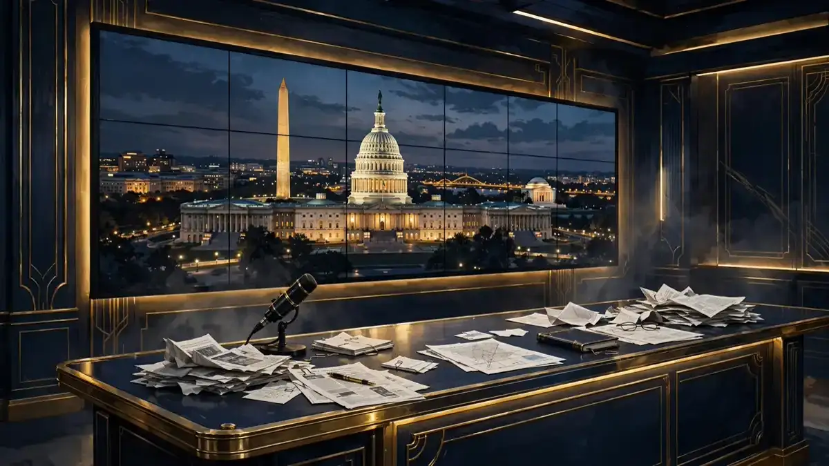 Editorial illustration of a cable news studio desk at dusk with Washington DC skyline screens, in navy and gold