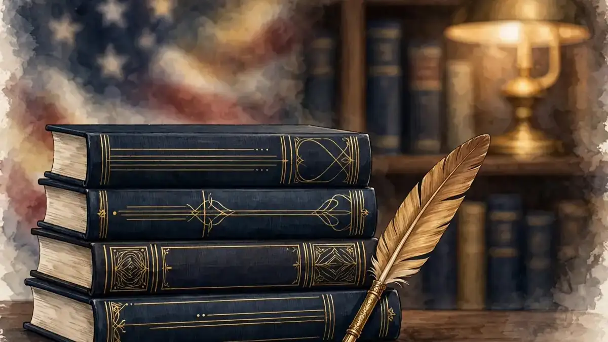 Editorial illustration of presidential history books with gold spines on a navy bookshelf beside a quill pen