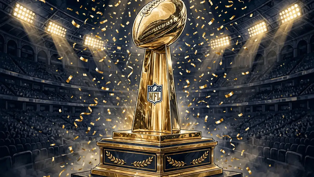 Stylized illustration of NFL contract documents and a gold championship trophy with dollar figures, in navy and gold
