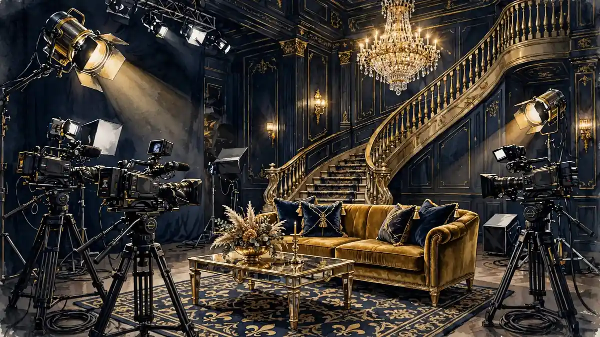 Illustration of a glamorous reality television set with cameras, spotlights and a grand staircase
