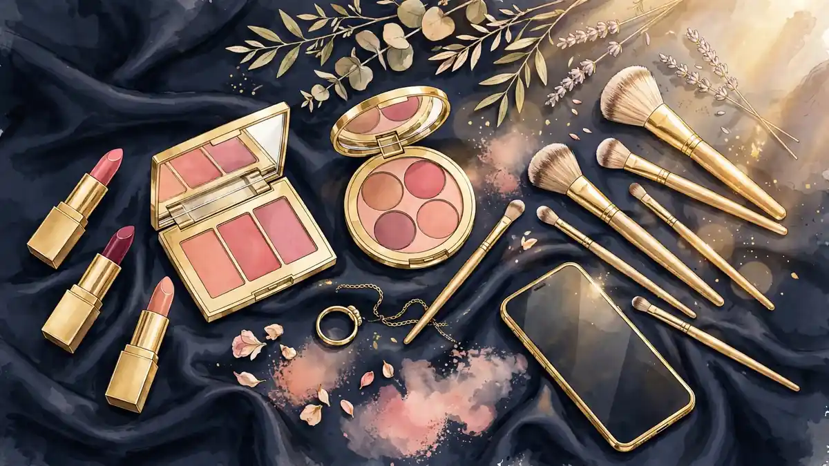Illustration of luxury cosmetics and a smartphone arranged for beauty influencer content