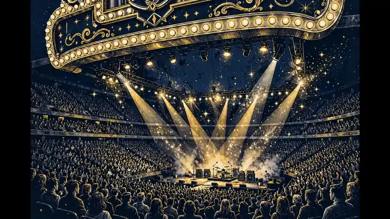 Illustration of a Las Vegas concert residency stage with spotlights in navy and gold tones