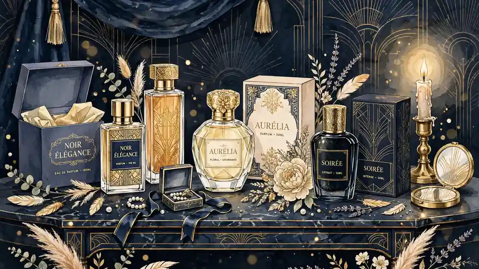 Illustration of luxury perfume bottles on a vanity table in navy and gold tones