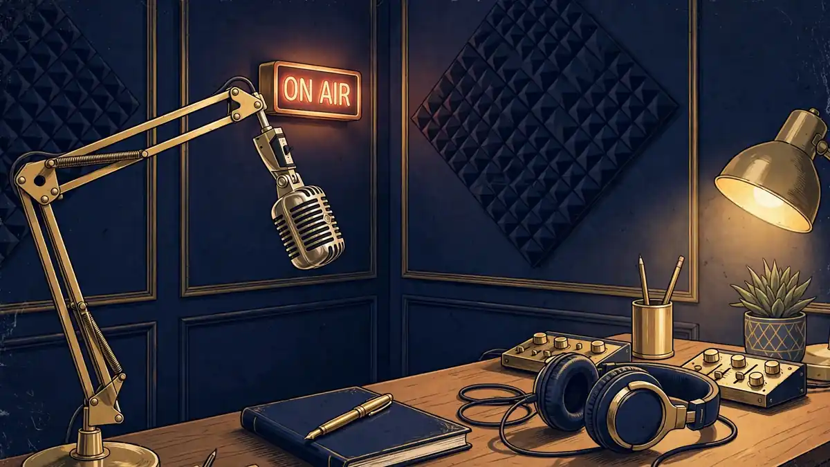 Illustration of a podcast recording studio with microphone and glowing on-air sign