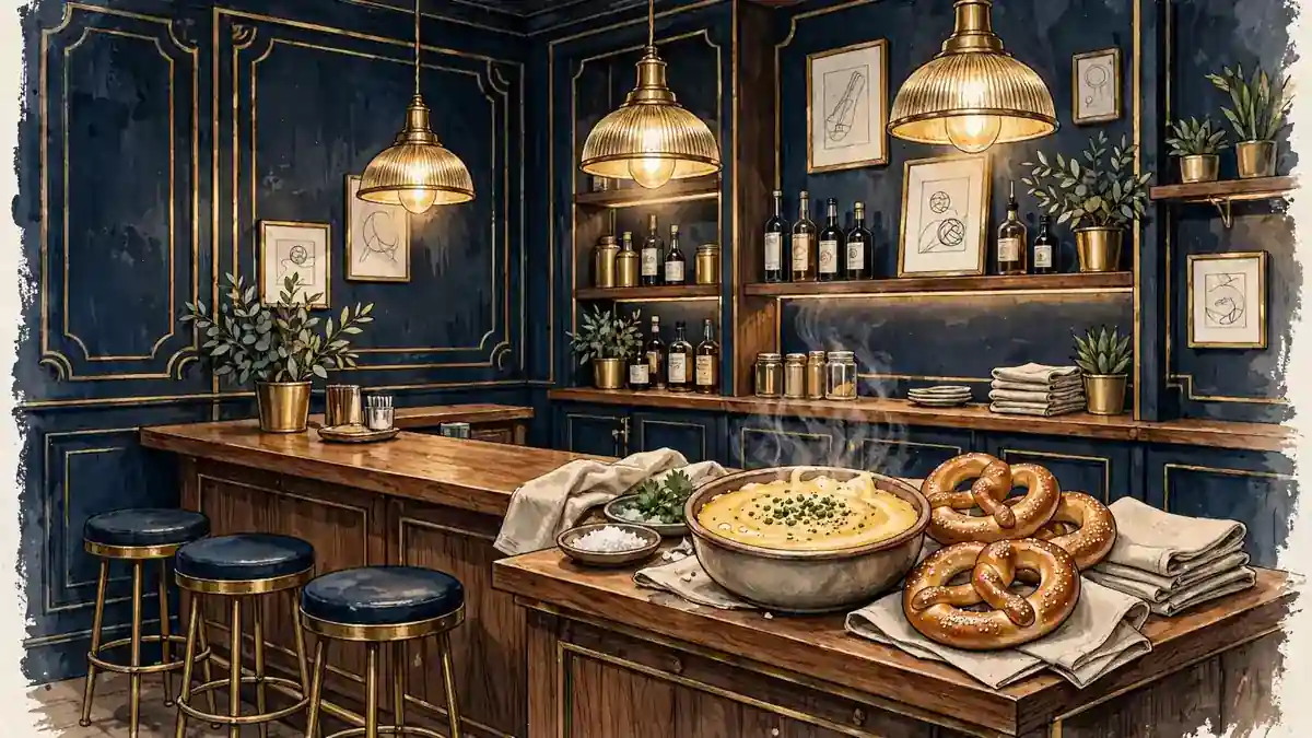 Illustration of an upscale sports bar interior with a bowl of beer cheese dip and pretzels