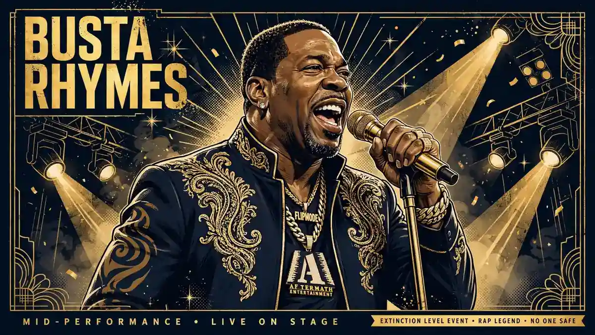 Stylized navy-and-gold editorial portrait of rapper Busta Rhymes performing on stage