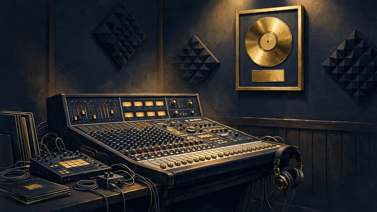 Illustration of a recording studio mixing console with a golden record award plaque on the wall
