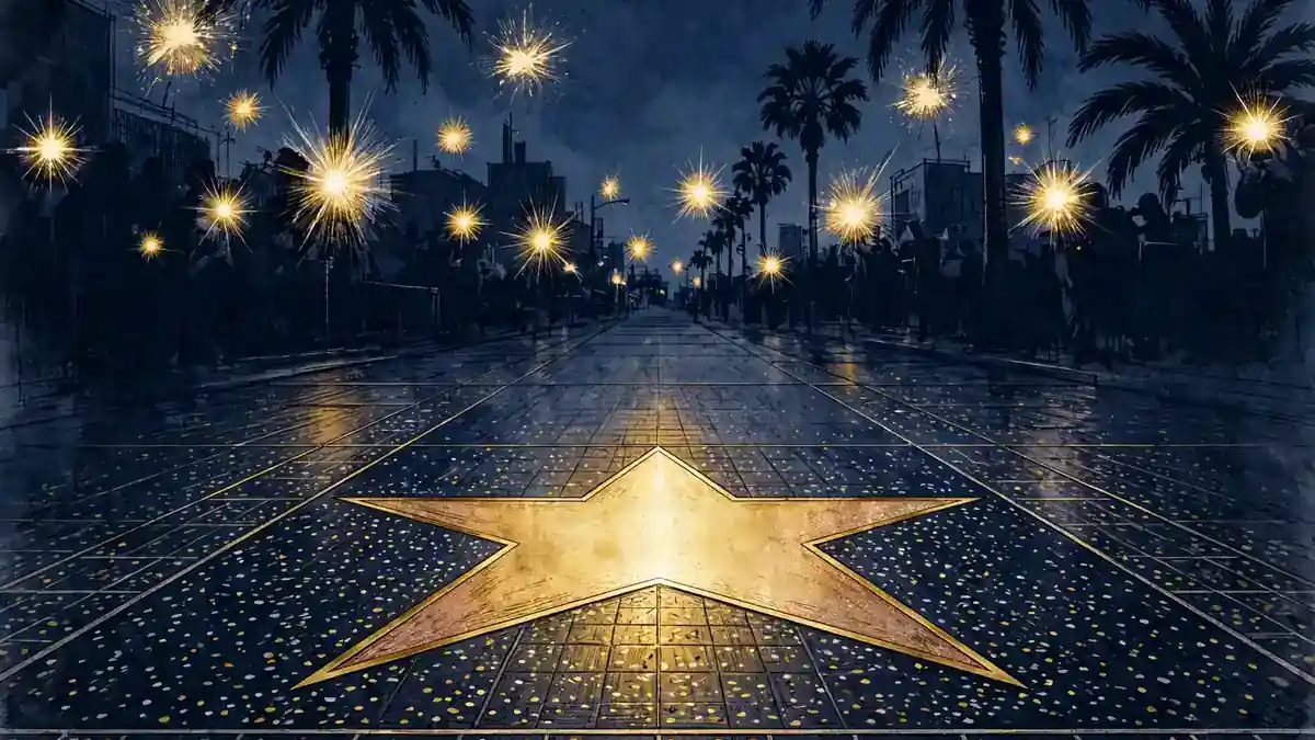 Illustration of a golden star on the Hollywood Walk of Fame sidewalk at dusk