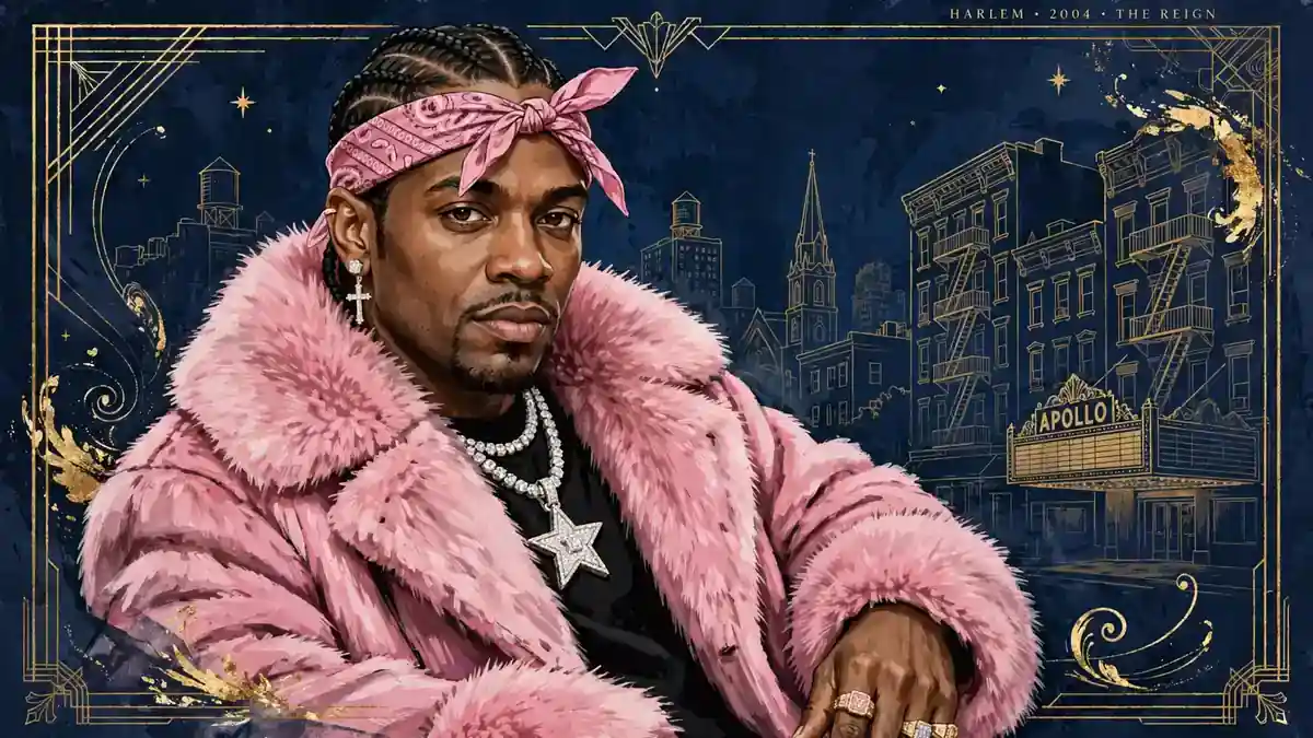Stylized illustrated portrait of Cam'ron in his signature pink fur coat and pink bandana on a navy and gold editorial background