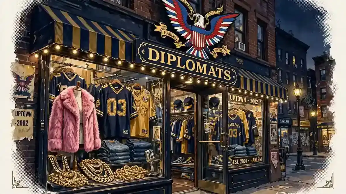 Illustration of early-2000s Harlem hip-hop fashion: pink fur coat, oversized jerseys, gold chains and a microphone on a navy and gold background