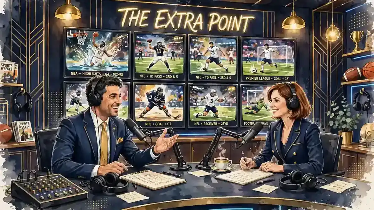 Illustration of a modern sports talk podcast studio with two suited hosts at a broadcast desk, microphones and glowing screens, navy and gold style