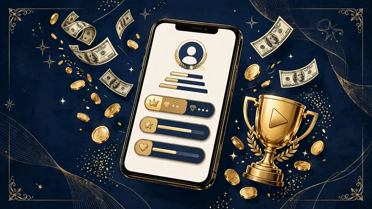 Editorial illustration of a creator's subscription business: a smartphone with subscriber tiers, floating dollar bills and a gold trophy