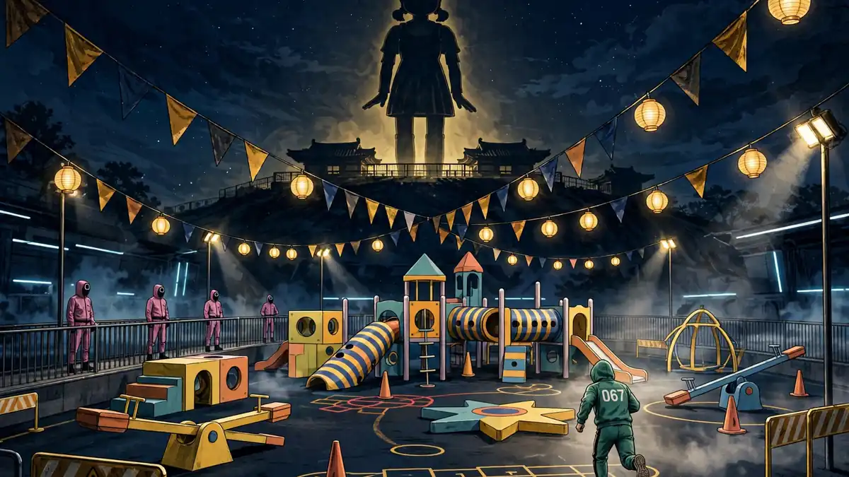 Editorial illustration of a Squid Game-style arena at night with a runner in a green tracksuit numbered 067