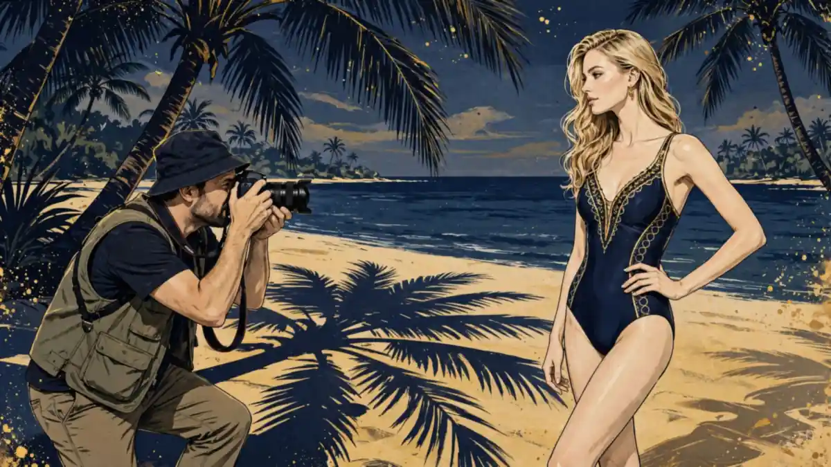 Illustration of a tropical beach swimsuit-magazine photoshoot in navy and gold editorial style