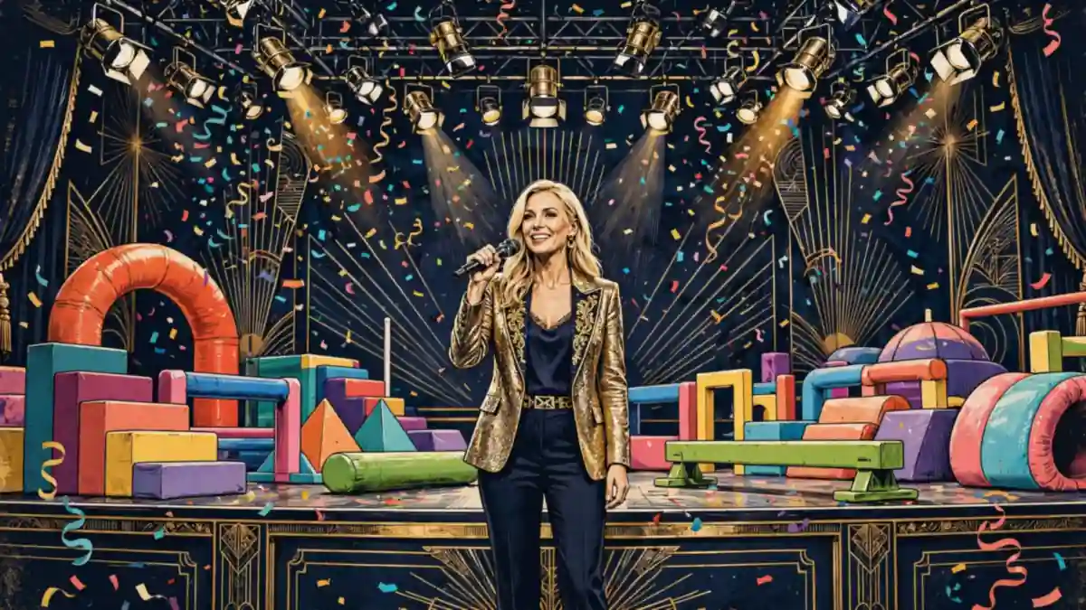 Illustration of a TV game-show set with a blonde host holding a microphone in navy and gold editorial style