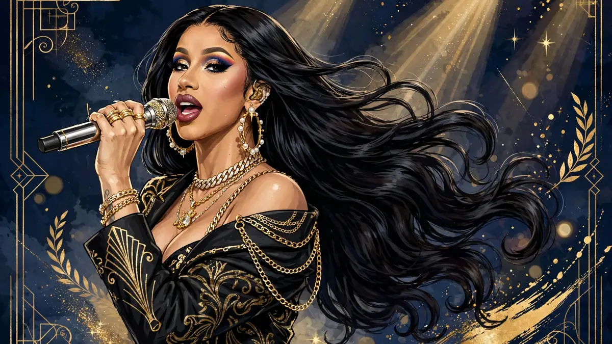 Stylized illustrated portrait of rapper Cardi B holding a microphone against a navy and gold background