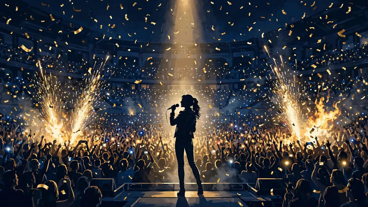 Stylized illustration of a packed concert arena at night with a performer on stage, pyrotechnics and gold confetti, in navy and gold