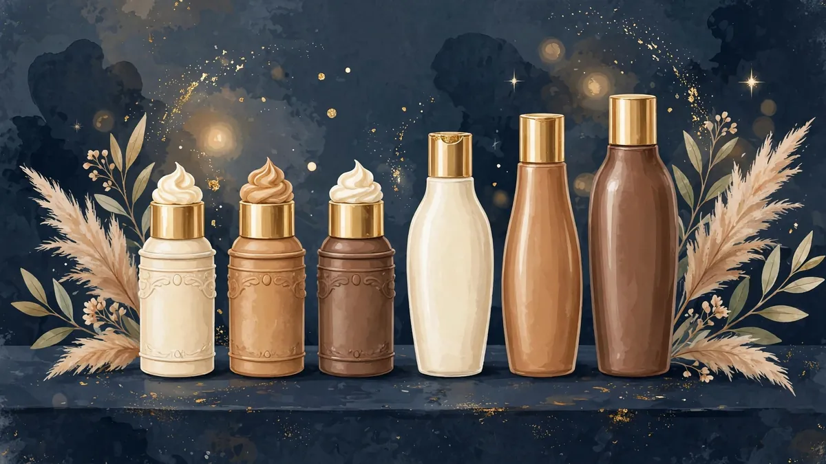Stylized illustration of luxury cosmetic products — whipped cream cans and haircare bottles with gold caps — on a dark navy vanity, in navy and gold
