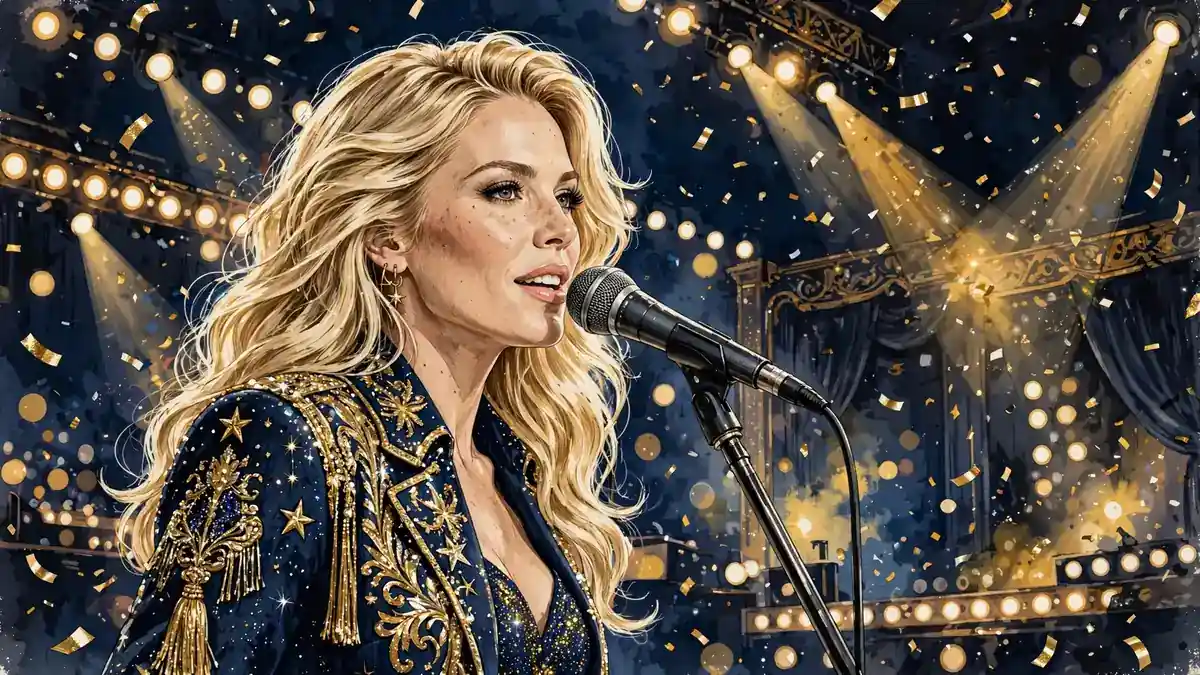 Stylized editorial illustration of country singer Carrie Underwood performing on stage in a sparkling navy and gold outfit