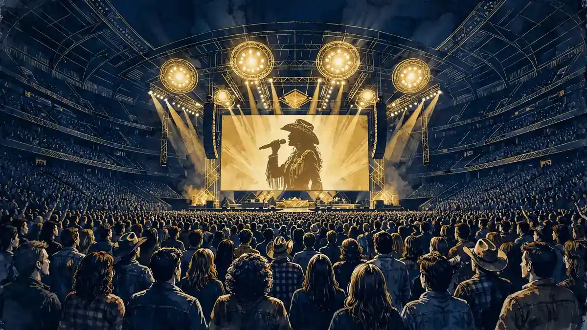 Stylized illustration of a packed arena crowd watching a country music concert under gold stage lights