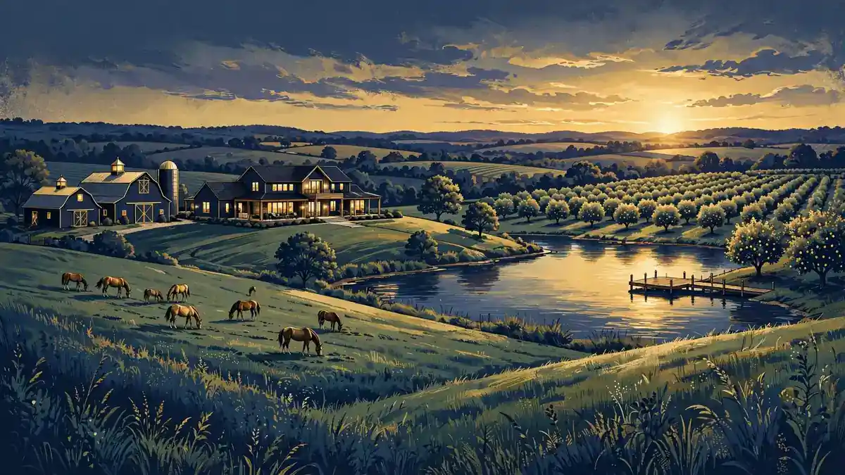 Stylized illustration of a large Tennessee farm estate with a farmhouse mansion, barns, orchards and a lake at golden hour