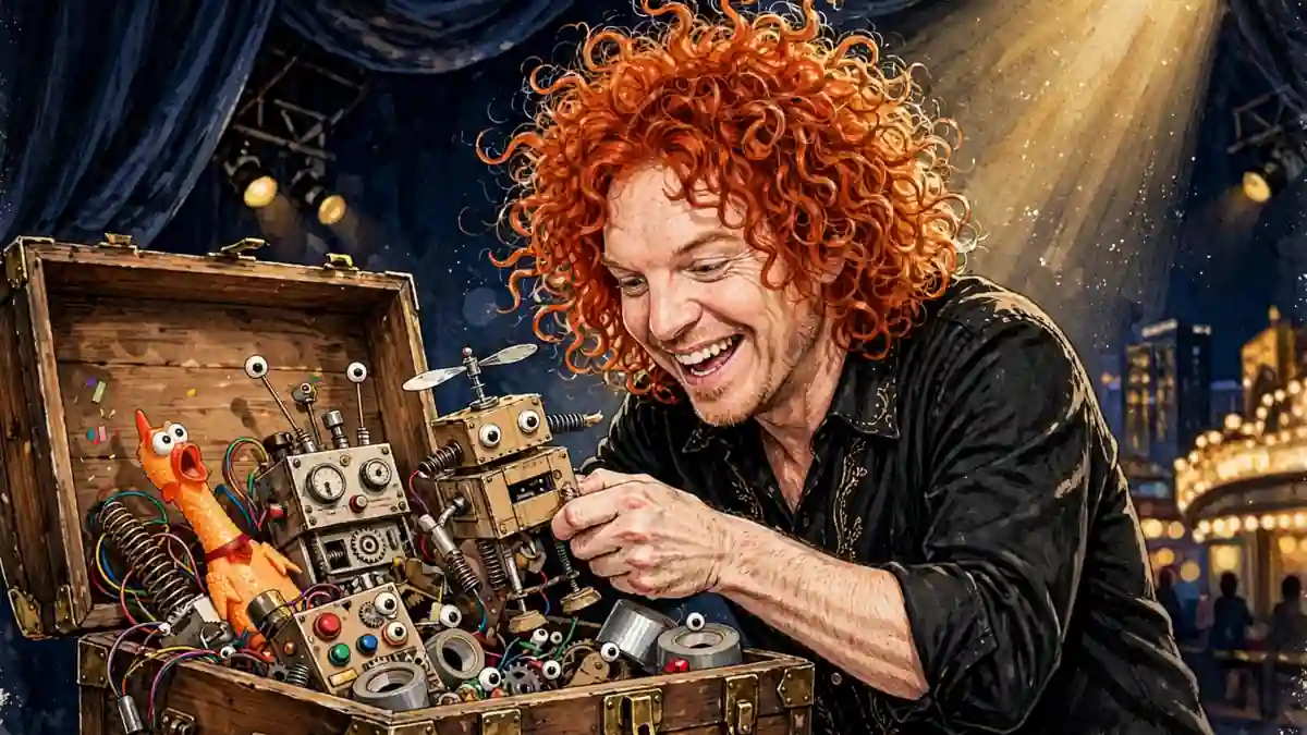 Illustrated portrait of Carrot Top with his signature wild red hair performing prop comedy on a Las Vegas stage, dark navy and gold editorial style