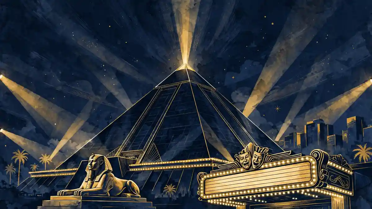 Illustrated view of the Luxor pyramid in Las Vegas at night with a glowing comedy marquee, dark navy and gold editorial style