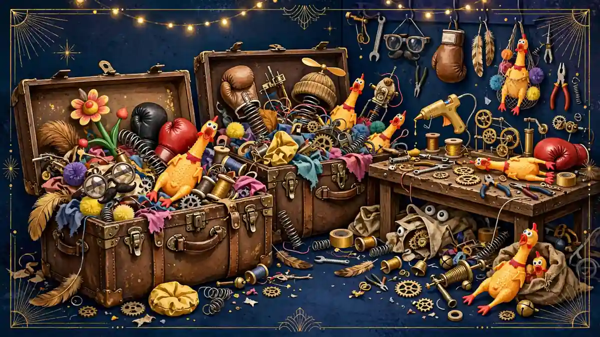 Illustrated prop comedy workshop with steamer trunks of gadgets and joke inventions, dark navy and gold editorial style