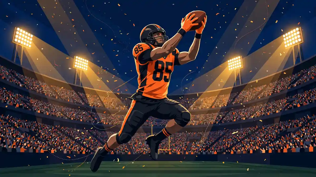 Illustrated night stadium scene of a number 85 receiver making a leaping catch under golden floodlights