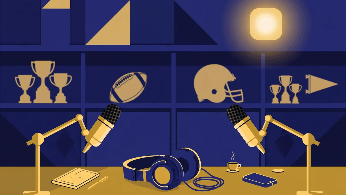 Illustrated sports podcast studio with broadcast microphones and headphones in navy and gold tones