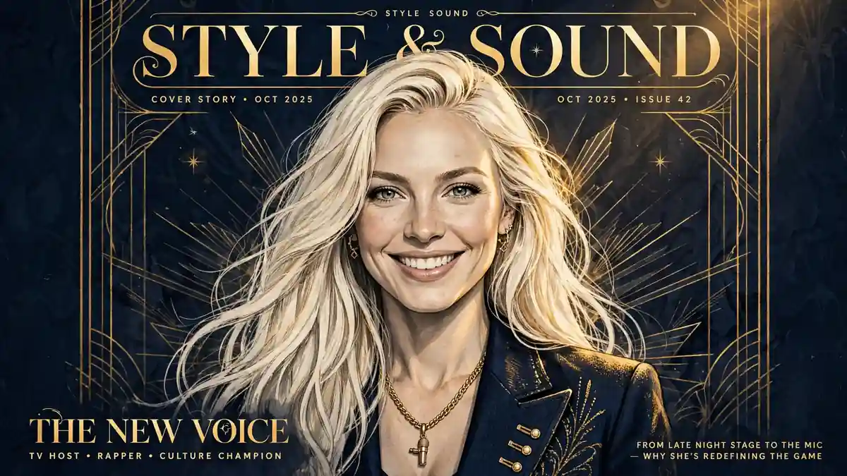 Illustrated editorial portrait of Chanel West Coast, MTV host and rapper, in navy and gold style